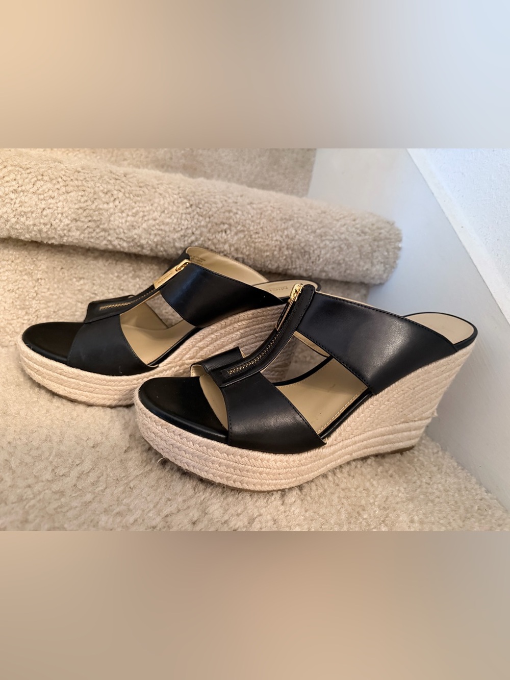 Michael Kors Espadrille Sandals Wedges Size 9.5 Black Leather Open Toe zipper